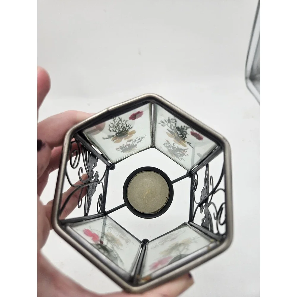 Vintage Dried Pressed Flower Glass Candle Tea Light Votive Holder Square Silver